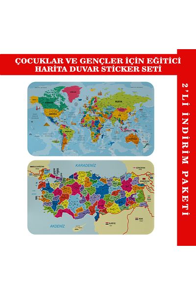 Harita Sepeti Educational and Instructional World and Turkey Map Children's Room Wall Sticker-3882