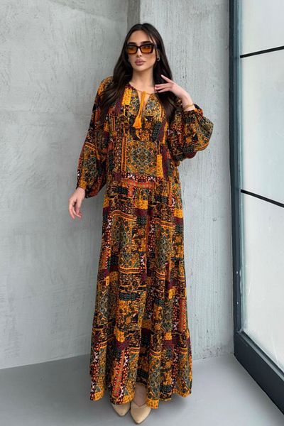 AYASOFYA OTANTIK Women's Mustard Ethnic Patterned Balloon Sleeve Loose Long Dress