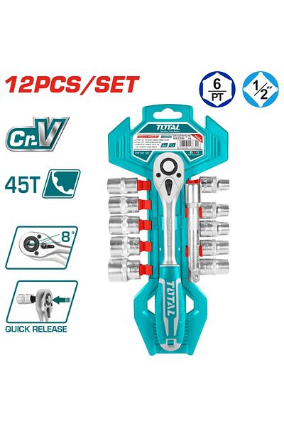 TOTAL Rachet C/Socket 12PZA 1/2" 50BV30 Crv Measurements 10,11,12,13,14,15,17,19,21,24Mm 1Pcs 5" Ext Bar