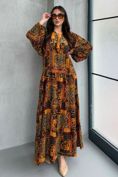 AYASOFYA OTANTIK Women's Mustard Ethnic Patterned Balloon Sleeve Loose Long Dress