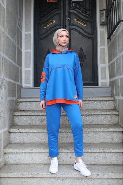 COTTONLAB Γυναικεία Indigo Hoodie Hemline Detail Crest Αντεστραμμένη Ραφή Διπλό Σετ με Gorunum