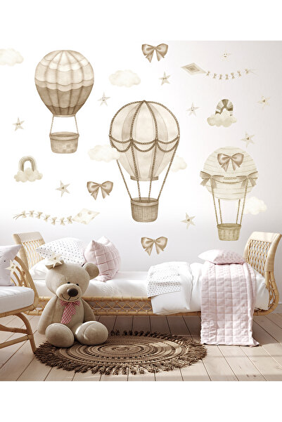 Sticker Sepetim ملصق حائط لغرفة الأطفال بالونات وسحب ونجوم بألوان الباستيل باللون البني
