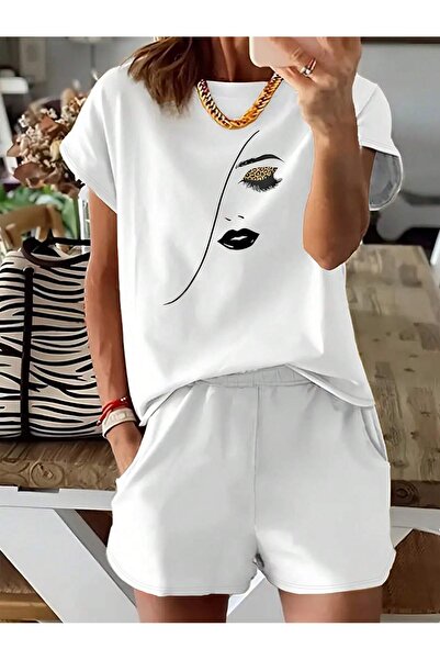 LUNAVISTA Women's 2-Piece Suit Short Sleeve Round Neck Face Printed Blouse an...