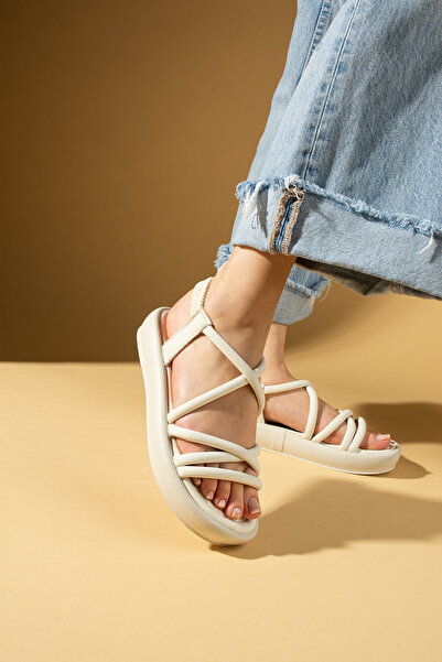 Pembe Potin New Season Women's Beige Banded Comfortable Poly Sole Stylish Daily Sandals