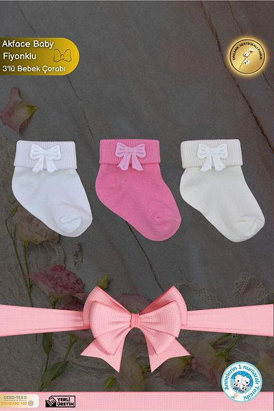 Akface 3-Piece Pink Girl's Newborn and Baby Socks with Bow Accessories