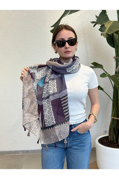 novon Violet Garden Blocks Design Soft Textured Special Design Tassel Shawl