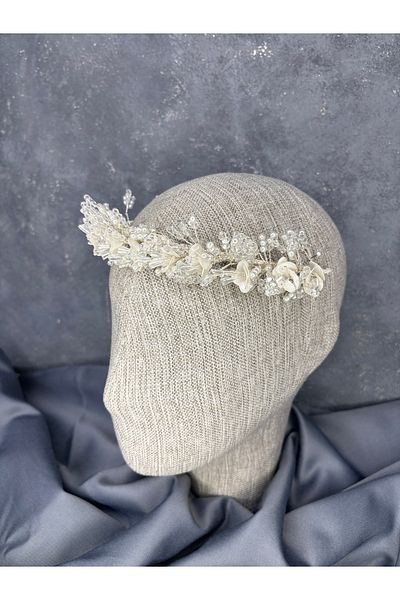 Hayalperest boncuk Detra Intensely Embroidered Pearlescent Crystal Bridal Crown Hair Accessory