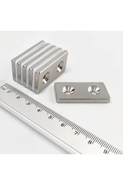 Dünya Magnet 10 Adet - Neodyum Mıknatıs, 40x20x5 Mm, D: 10/5 mm, Köşeli, İki Havşa Delikli, Güçlü Magnet, N35