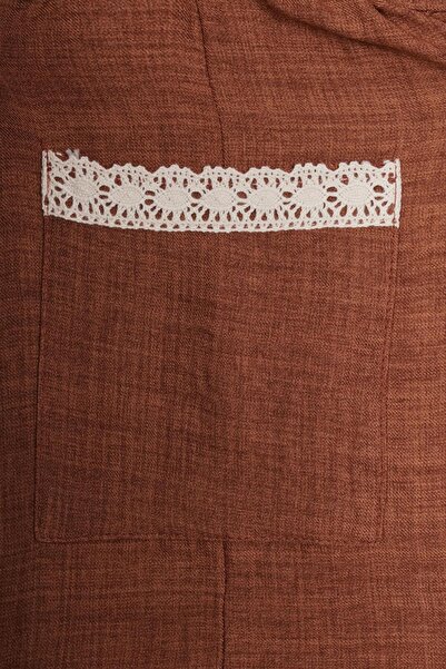 zepkids Crew Neck Lace Detailed Brown Color Girl's Dress with Hat Accessories