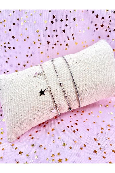 Alexis Carrel Set of 3 Women's Star Bracelets – Silver Color Dorika Beaded Combination Jewelry / Combination Bracelet Set