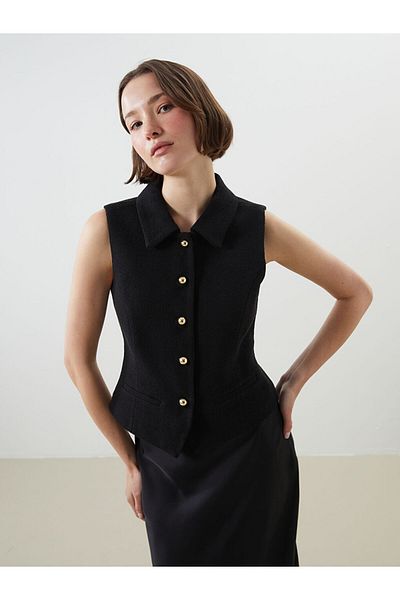LC Waikiki Lcwaikiki Classic Black Shirt Collar Textured Women's Vest