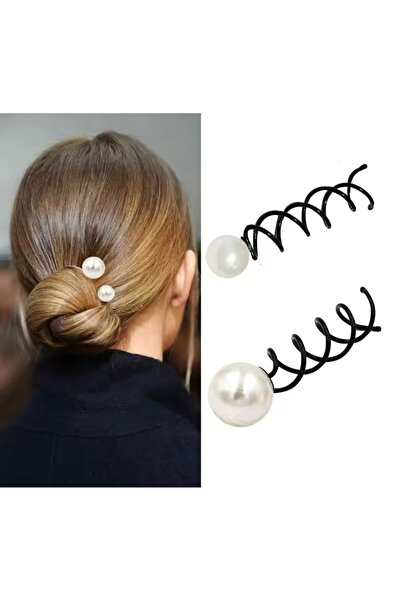 Monalisa Kadın Siyah İncili Spiral Saç Topuz Tokası 2’Li