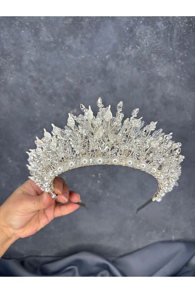 Hayalperest boncuk Sedia Intensely Embroidered Pearlescent Crystal Bridal Crown Hair Accessory