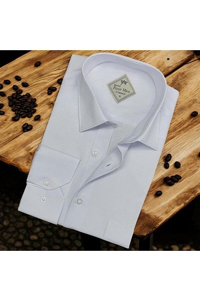 EREN STYLE Cămașă albă pentru bărbați din bumbac cu mâneci lungi din țesătură tip fagure (REGULAR FIT)