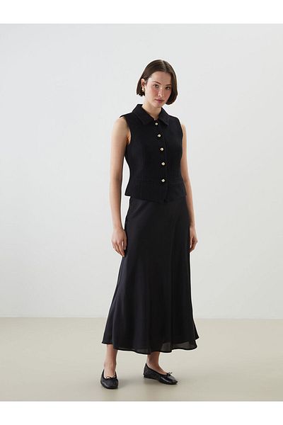 LC Waikiki Lcwaikiki Classic Black Shirt Collar Textured Women's Vest