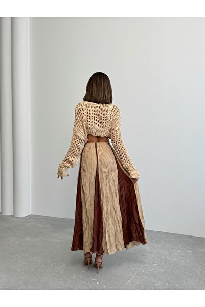 QUAWEAR Color Blocked Modal Fabric Crinkle Skirt