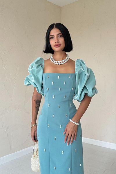 Miracle Omni Mint Embroidered Sleeve Garnished Dress