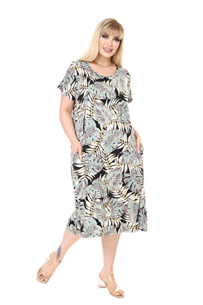 MELSAY Women's Short Sleeve Green Tropical Palms Pattern Standard Fit Viscose Dress 44-52 Size Range