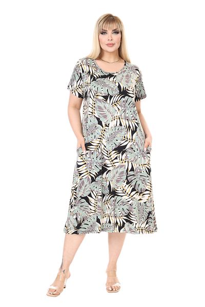 MELSAY Women's Short Sleeve Green Tropical Palms Pattern Standard Fit Viscose Dress 44-52 Size Range