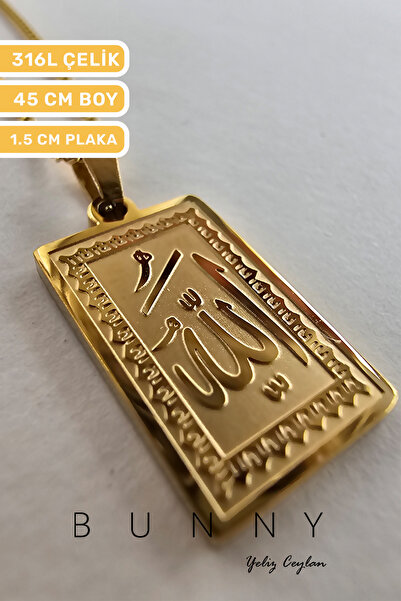 BUNNY ALLAH YAZILI MİNİ ÇELİK KOLYE 45 CM GOLD YUVARLAK PLAKA