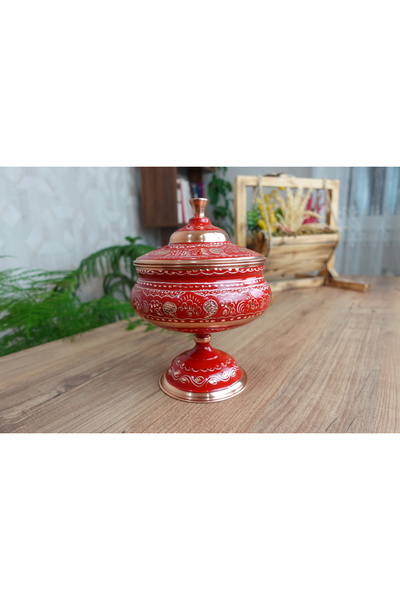 yeşiliseviyorum El Yapımı Işlemeli Oymalı Bakır JUMBO Boy Kırmızı Şekerlik Lo...