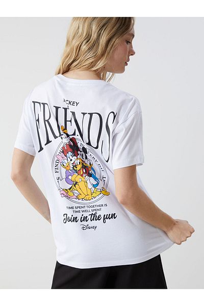 LC Waikiki Tricou alb XSIDE pentru damă, cu decolteu rotund, cu imprimeu Mickey și prietenii