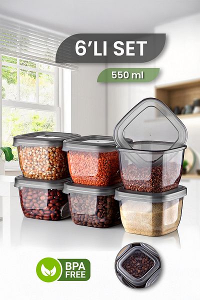 MYBOX 6-Piece Square Spice Rack Storage Container - Storage Box for Food, Snacks and Nuts with Leakproof Lid 6X550 ml