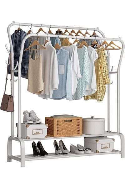 COOYA Two Shelves Metal Clothes Organizerm,Durable,  for Home or Office Storage,White