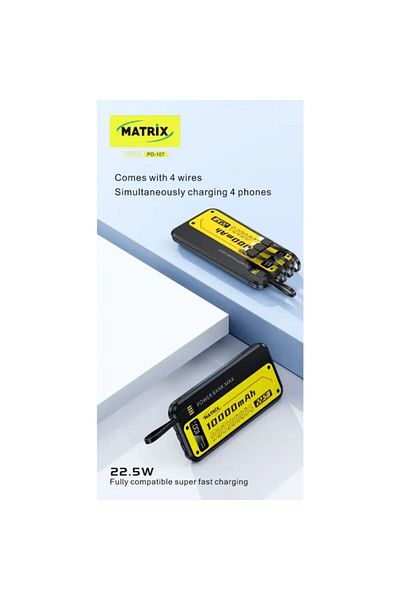 Matrix Power Bank with 4 Wires and Handle - 10000 mAh - Black and Yellow - PD107