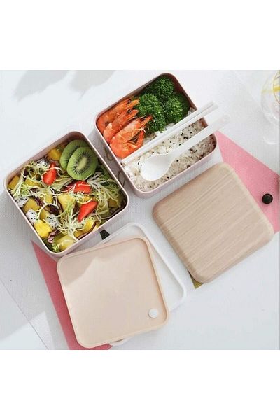 COOYA 1.4LDouble-Layer Lunch Box with Tableware,Wooden Design,Leakproof,Safe and durable,Pink
