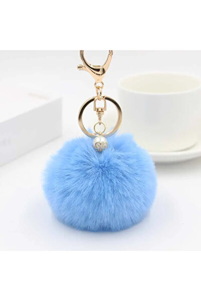 Generic سلسلة مفاتيح على شكل كرة من فرو الأرنب - أزرق سماوي