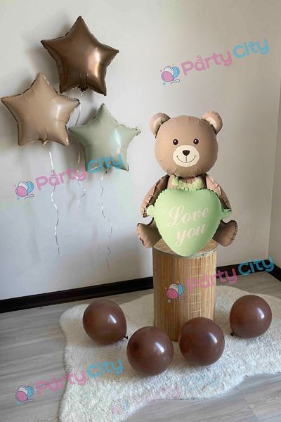 Party City Large Size Heart Teddy Bear Foil Balloon Mini Birthday Set Skin Color Cream Color Brown Star