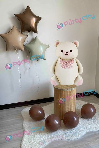 Party City Large Size Teddy Bear Beige Color Foil Balloon Mini Birthday Set Skin Color Cream Color Brown Star