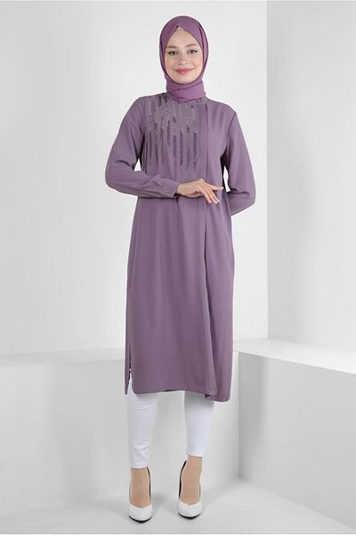 Alvina STONE EMBROIDERED LONG TUNIC WITH SIDE SLIT 43521