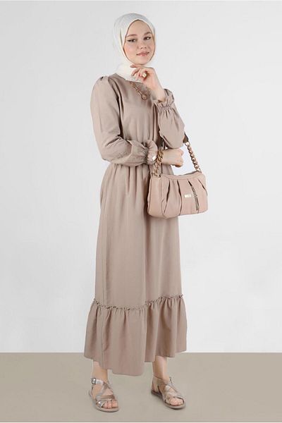 Alvina Cotton Dress - Gathered Waist and Cuffs, Model 42693