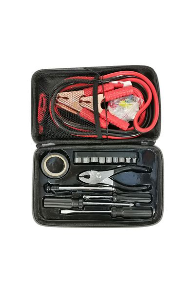 MTOOLS Car Emergency Tool Kit 30-Piece Set with Booster Cables, Glove, Fuses, Tape & Tools