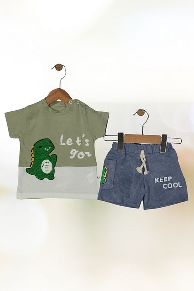 Baby s Breath Flower Cute Dinosaur Patterned 2-Piece Shorts T-Shirt Baby Boy Set 6-12-18-24 Months 100% Cotton Top and Bottom Set