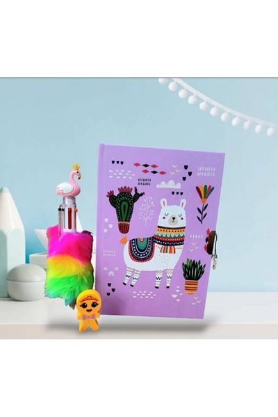 ÇİLEKHOMEAVM Locked Notebook-Memorabilia and Diary Notebook-Memory Book-Flamingo Feather 6 Color Ballpoint Pen Set