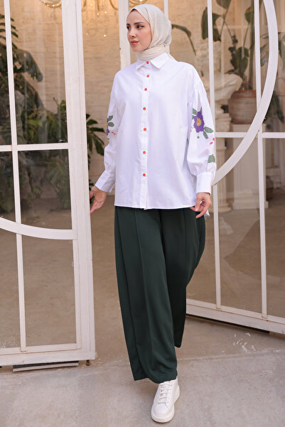 benguen 61584 Oversize Shirt with Flower Printed Sleeves White