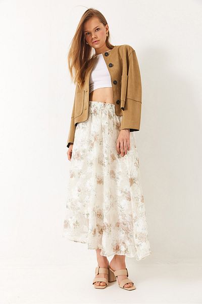 Bianco Lucci Women's Elastic Waist Floral Embroidered Tulle Detailed Lined Flared Skirt 60283032