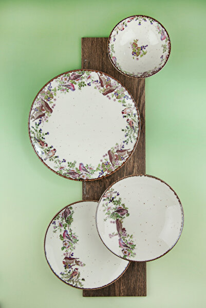 Bursa Porselen Dekor Retro birds porselen akıtma 6 kişilik 24 parça yemek takımı