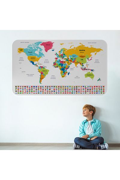 Harita Sepeti Turkish Country Flag Educational Capital Detailed Atlas World Map Wall Sticker-3834