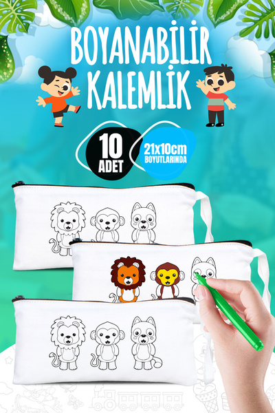 Pamusan Hayvanlar Temalı Boyanabilir Bez Kalemlik - 21x10 cm - 10 Adet - Okul...
