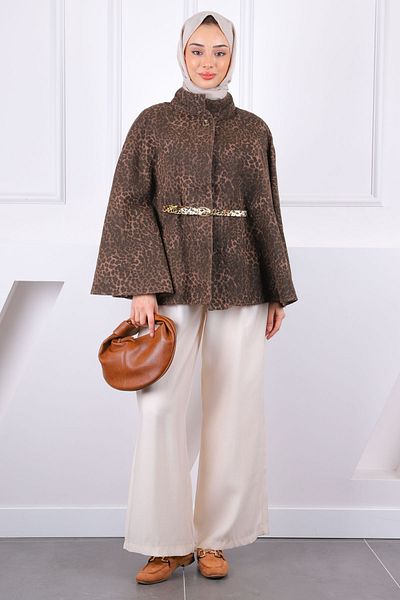 İmajButik Brown Leopard Patterned Waist Belted Poncho