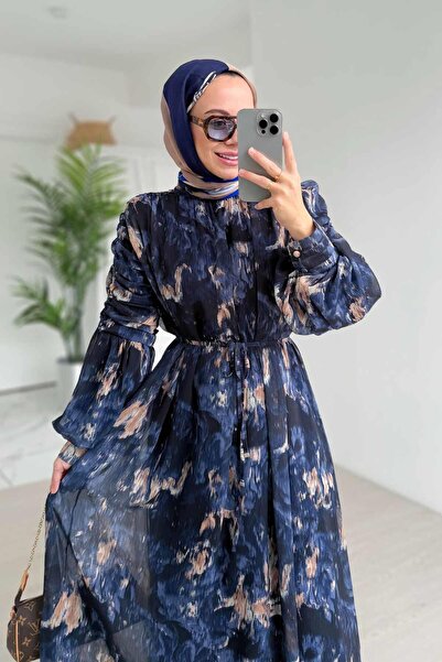 Ka Hijab Navy Blue Sleeve Gathered Patterned Chiffon Dress