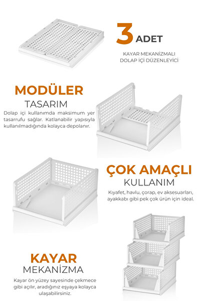 EVLE 3'lü Modüler Kayar Raflı Dolap İçi Düzenleyici Seti, Toprak