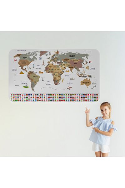 Harita Sepeti Turkish Country Flag Educational Capital Detailed Atlas World Map Wall Sticker-3862