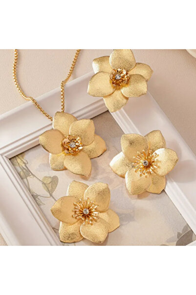 SE Jewellery Collection Selin Ersoy Gold Zarif Çiçek Model Taş Detaylı Kolye Küpe Yüzük Kadın Takı Set