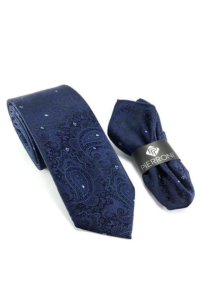 PİERRONİ Navy Blue Shawl Pattern Handkerchief Tie