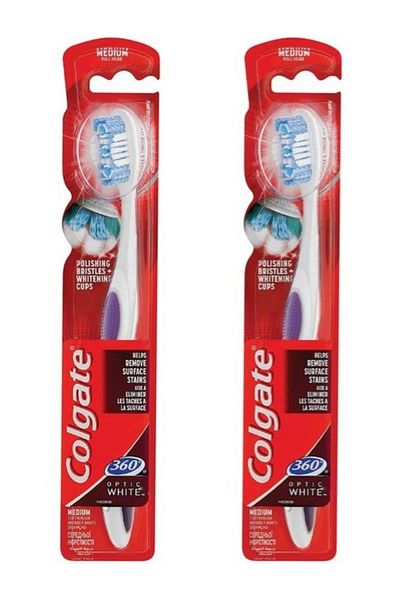 Colgate 360 optic white medium teeth whitening toothbrush, multi color X2